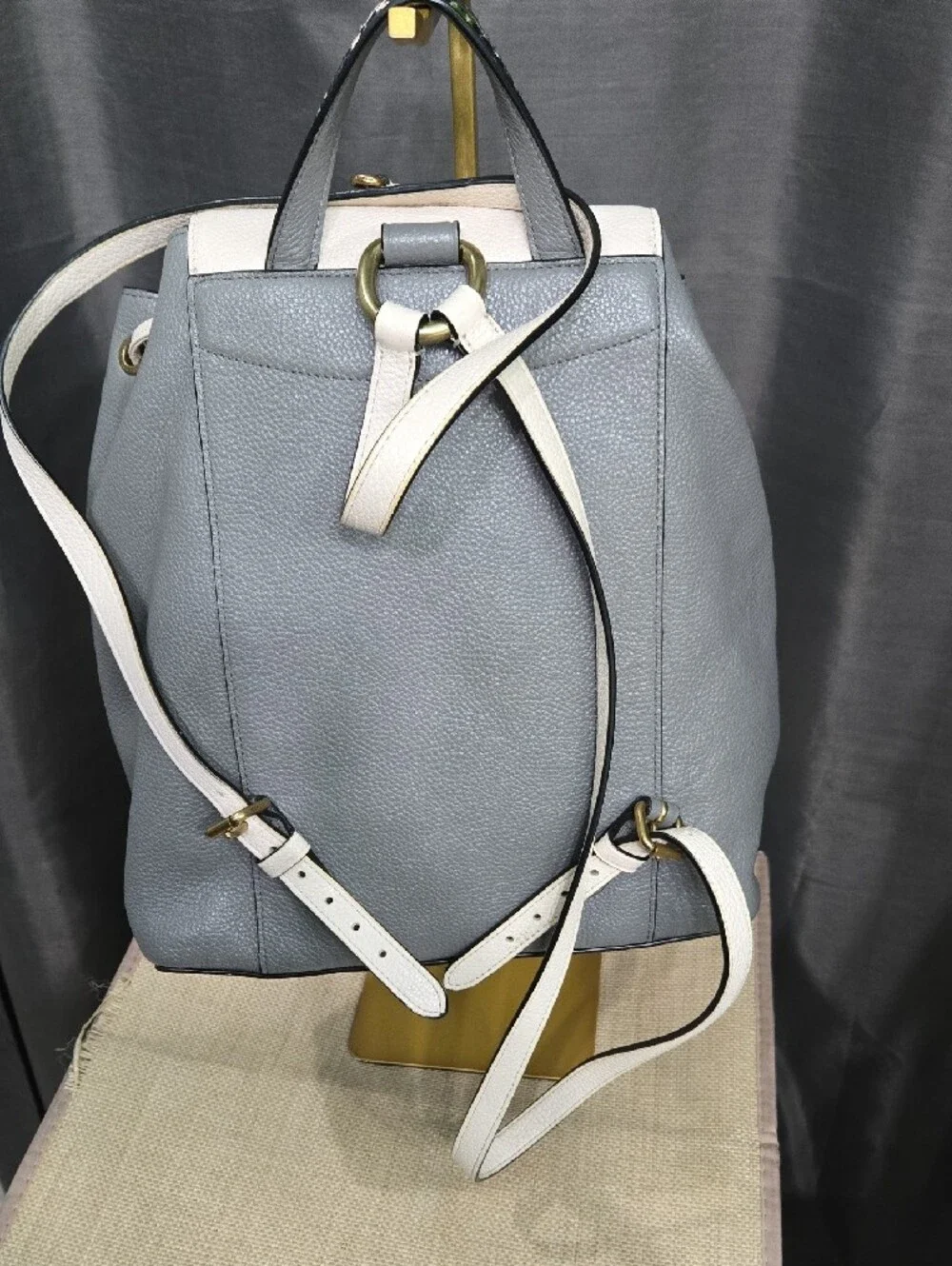 Coach Gray and Cream Leather Drawstring Backpack with Snakeskin Trim - Picture 5 of 14